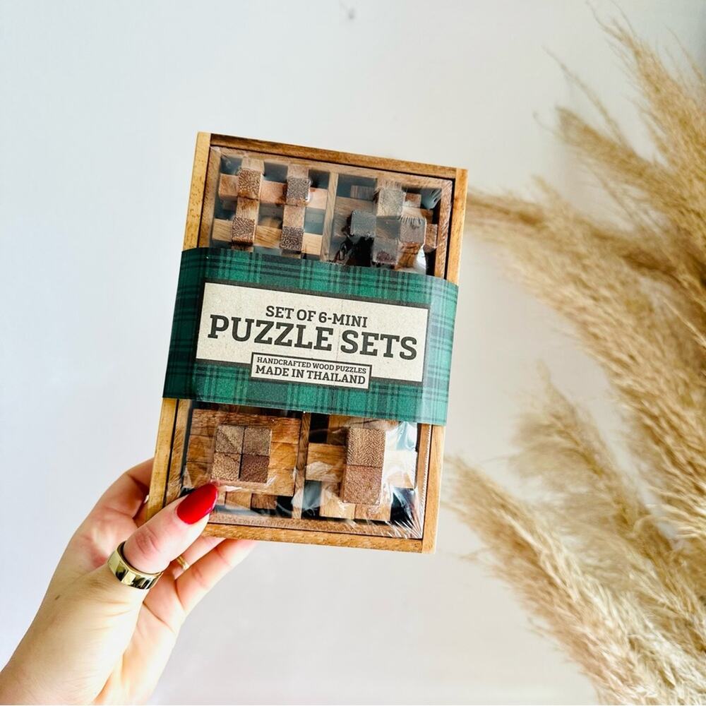 NEW WEST ELM Brown Tan Handcrafted Hand Wood Wooden Mini Puzzle Box Gift Set 6